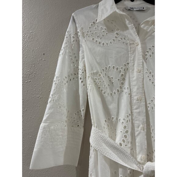 Zara Womens embroidered White button-up Cotton maxi summer dress size Small - Picture 3 of 9